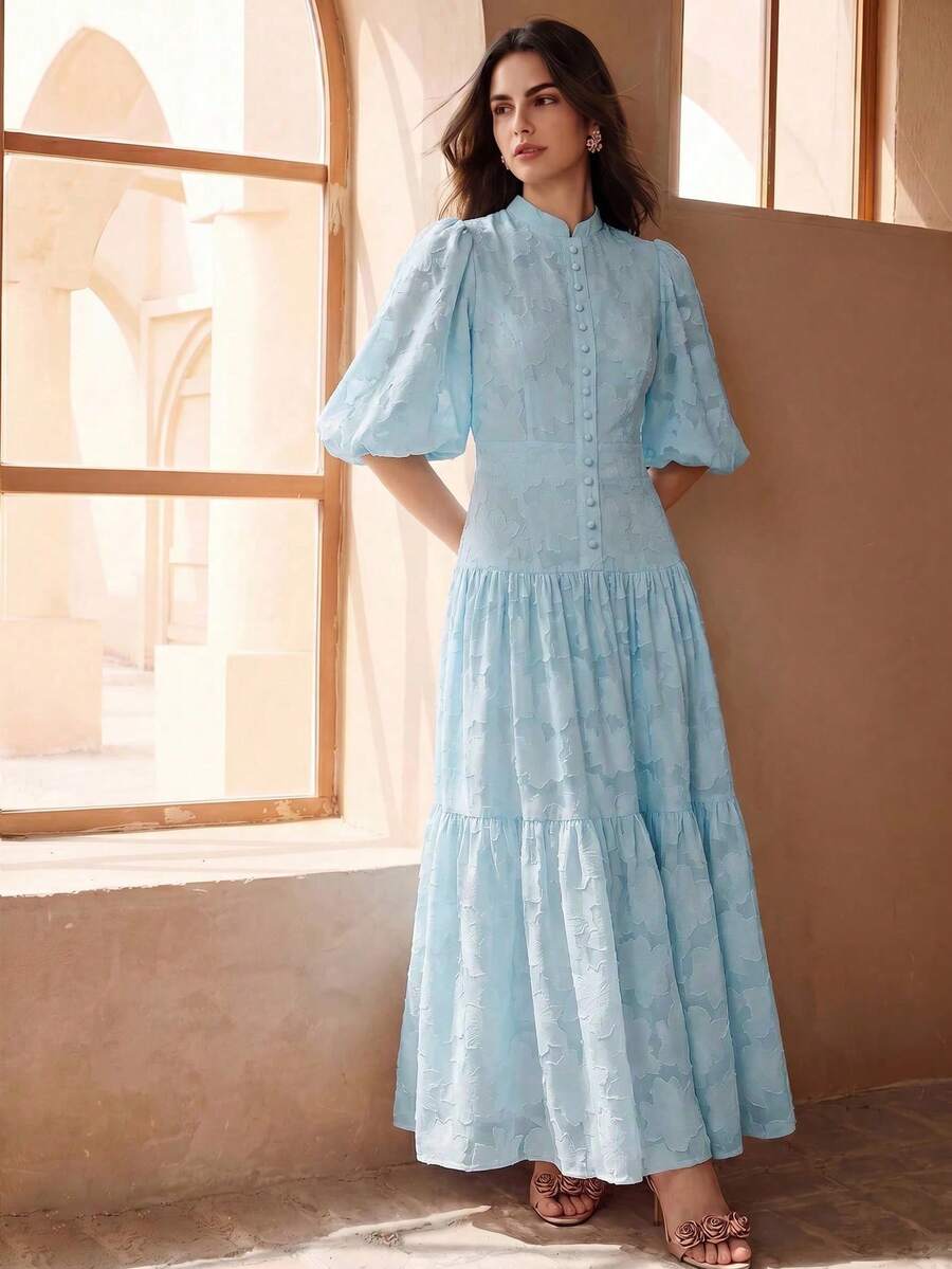 Anewsta 女士夏季V领灯笼袖碎花纹理修身收腰优雅连衣裙 - 淺藍色 - 查看 1