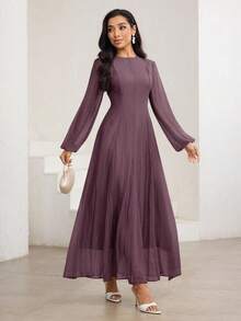 Veilorie 3/4 Sleeve High Neck Waist Gather Ruched Elegant Versatile Dress - Purple - View 6