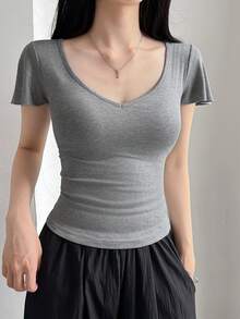 DAZY Women's Solid Color V-Neck Short Sleeve Slim Fit Casual T-Shirt Summer - Grey - View 5