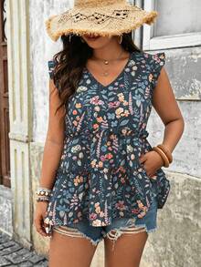 EMERY ROSE Plus Size Woven Floral V-Neck Flutter Sleeve Ruffle Patchwork Elegant, Vacation, Outing, Daily, Spring/Summer Blouse - Grey - View 4