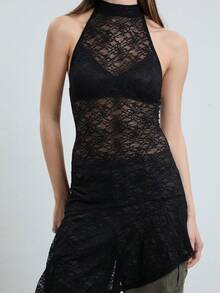 COUREZ Halter Lace Asymmetric Midi Layering Dress / Y2K Womens Dress Rave Layering Dress Womens Autumn Dress Autumn Clothes Black Lace Fall Outfits Flowy - Black - View 7