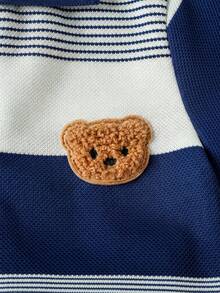 Souflis Souflis 男嬰嬰兒休閒可愛熊刺繡徽章不對稱條紋短袖 Polo 衫與短褲套裝，適合夏季 - 寶藍色 - 查看 5