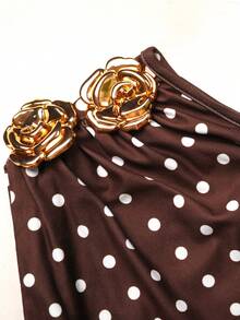 Tween Girl Elegant Commuter Fitted Sleeveless Asymmetric Neck Metal Buckle Flower Decor Pleated Midi Dress Brown And White Polka Dot Tea Party - Brown - View 5