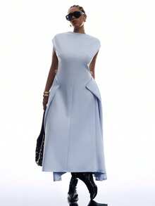 LYSMO Vestido minimalista de talla grande con cuello, sin mangas, unicolor, con pliegues y bajo asimétrico - Azul - Ver 1