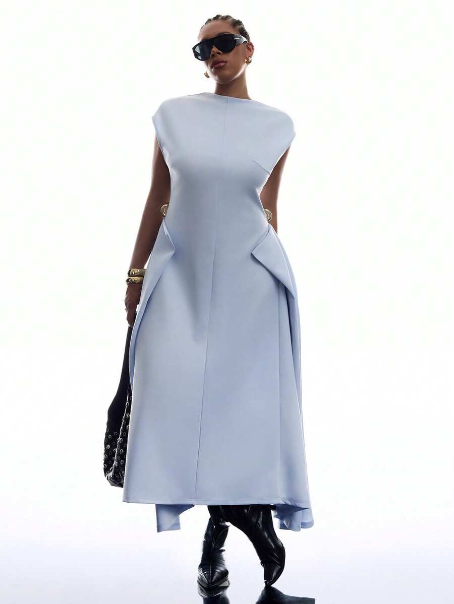 LYSMO Vestido minimalista de talla grande con cuello, sin mangas, unicolor, con pliegues y bajo asimétrico - Azul - Ver 1