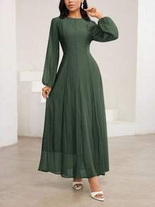 Veilorie Vestido elegante de cuello alto de 3/4 de manga con cintura fruncida, versátil y encantador - Verde militar - Ver 5