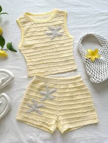 SHEIN Tween Girls Kids Casual Vacation Cream Dopamine Color Palette Sweet Knit Textured Striped Cute Starfish Decor Preppy Style Sleeveless Casual Tank Top & Shorts 2-Piece Set, Y2K Young Fashion Outfit, Summer Vacation Travel, Suitable For Back To School, Holiday Family Outdoor Autumn Picnic, Daily Wear, Spring/Summer Clothing, Beach Outfit, Commute, Elegant, Beach, Bohemian, Hawaii, Music Festival, Yellow Knit Set - Yellow - View 4