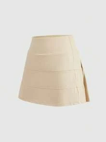 SHEIN Cheerettes 純色多層運動裙褲附口袋 - 卡其色 - 查看 8
