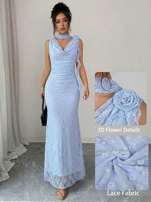 Modelyn Green Sleeveless Cowl Neck Ribbon 3D Floral Mesh Print Fitted Dress For Women - Blue - View 4