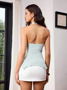 SHEIN Top de punto ajustado y estilizante para mujer con cuello halter y bajo asimétrico, capa base sin mangas versátil y casual de verano - Verde - Ver 2