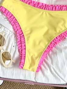 Swim Mod Teen Girl Polka Dot Print Ruched Bandeau Bikini Top With High Waist Ruffle Triangle Bottoms Women's Swimsuit Set - Yellow - View 5
