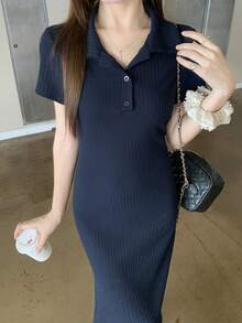 DAZY 女款純色 Polo 領短袖修身休閒洋裝 - 藏蓝色 - 查看 6