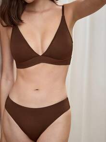 Bralution 2pcs Molded Cup Seamless Deep V Comfortable Minimalist Casual Daily Lingerie Set For Women - Chocolate Brown - View 2