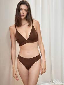 Bralution 2pcs Molded Cup Seamless Deep V Comfortable Minimalist Casual Daily Lingerie Set For Women - Chocolate Brown - View 5