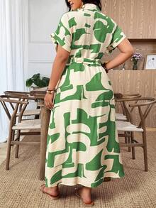 Weeklong Plus Size Women's Color Block Print Shirt Dress, Short Sleeve, Cinched Waist With Belt, Long Length, Spring/Summer, Mature Elegant, Versatile - Green - View 2