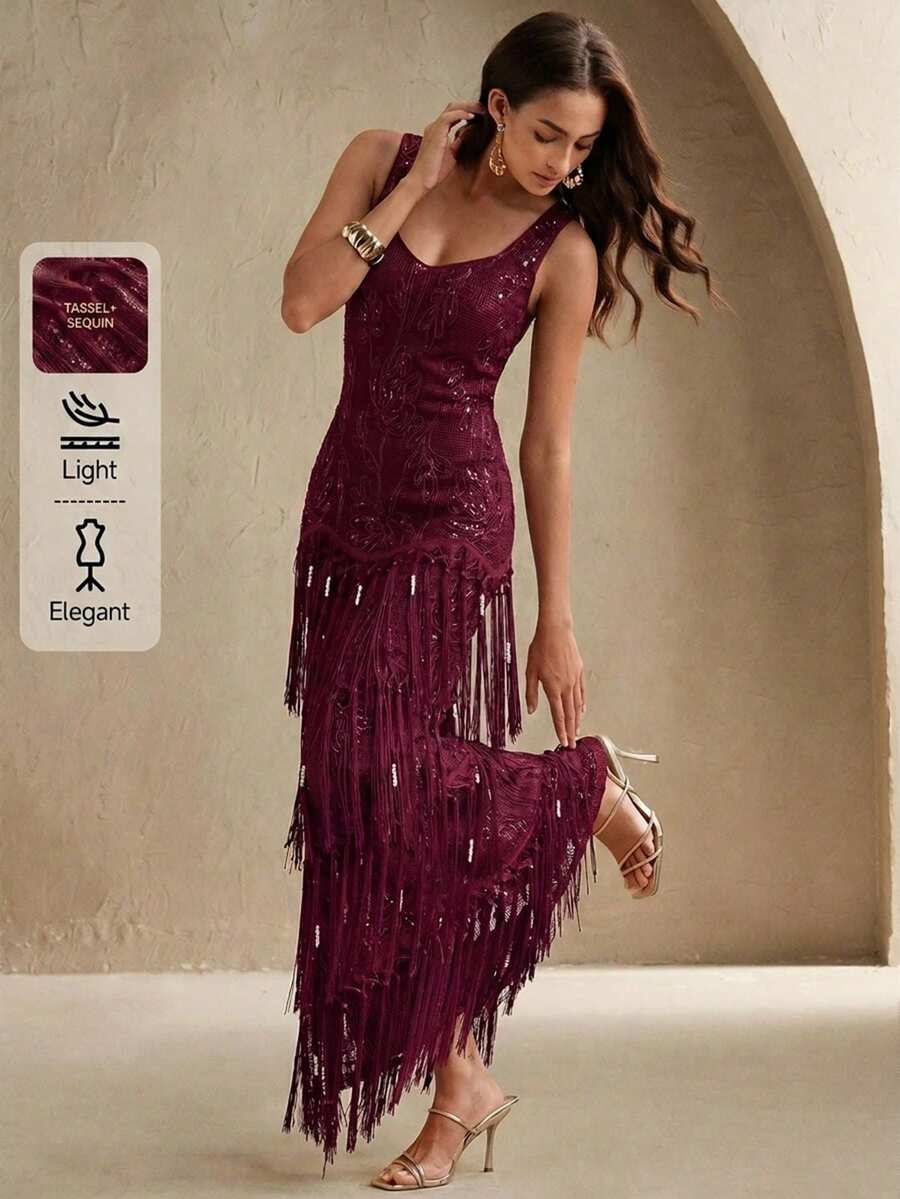 Anewsta 女款優雅浪漫刺繡流蘇魚尾紋理紫紅色洋裝,適合宴會、約會、海灘、節慶、假日、度假 - 中紫紅色 - 查看 1