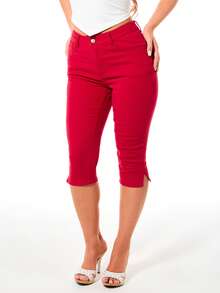 BABYPHAT Stretch Capri Jeans With Iconic Cat Logo Embroidery And Side Slit Hem Detail , Fourth Of July - Red - View 2