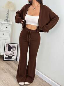 SHEIN EZwear 2件組女款休閒純色寬肩帶開襟衫與抽繩腰喇叭褲套裝，秋冬穿搭 - 咖啡棕 - 查看 3