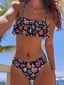 Swim Mod 花卉荷葉邊可愛甜美復古休閒度假海灘海邊女款泳衣套裝 - 彩色 - 查看 1