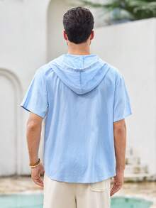 Mercer Haus 男士白色短袖连帽衬衫，透气面料，时尚叠穿单品，适合夏季休闲日常穿着 - 淺藍色 - 查看 2