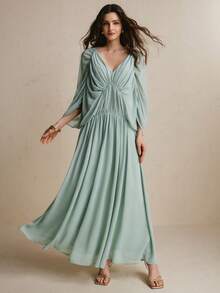 CielaLinda Women's Ruched Batwing Sleeve Chiffon Maxi Boho Elegant Romantic Wedding Sage Green Dress Cocktail Night Autumn - Green - View 5