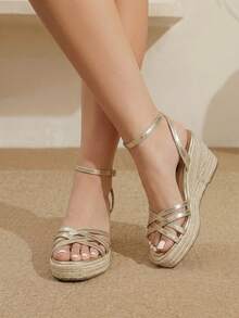 Styleloop Sandal Platform Hak Wedges Wanita, Sandal Kasual Pantai Ujung Persegi Kecil dengan Tali Rami Modis di Bagian Bawah, Cocok untuk Liburan Musim Panas - Emas - View 8