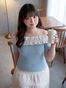 Bijouette 大尺碼圓點拼接露肩休閒百搭日常出遊T恤 - 藍色 - 查看 5