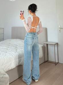 SHEIN EZwear Weißer Blumen-Spitzen-Patchwork-Strick-Rückenfrei-Bodysuit für Damen, sexy und elegant, für Nachtausgang, Brunch, Ausgehen und Date Night im Sommer - Weiss - Übersicht 3