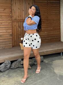 Sunnyshic Summer New Apricot Polka Dot Plus Size Denim Shorts - White - View 6