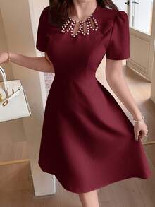 Feyla Chic Maroon A-Line Cocktail Dress For Women Featuring Intricate Pearl Neck Detailing And Flattering Short Sleeves - Burgundy - View 6