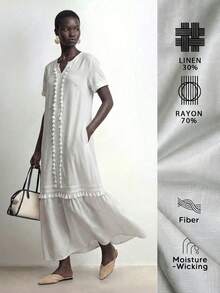 Aalyst Women's Spring/Summer New Casual Linen Long Dress, Lazy Style, Beach Outfit, Daily Commute, Party Versatile, Casual Wear, Tassel Patchwork Design, White V-Neck Short Sleeve - White - View 1