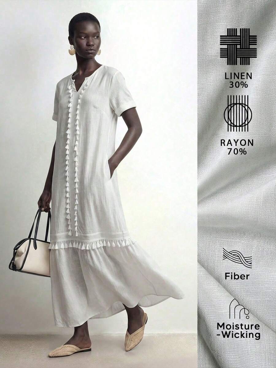 Aalyst Women's Spring/Summer New Casual Linen Long Dress, Lazy Style, Beach Outfit, Daily Commute, Party Versatile, Casual Wear, Tassel Patchwork Design, White V-Neck Short Sleeve - White - View 1