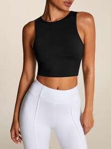 SHEIN BAE Solid Cut Out Back Sports Tank Top Fitted Shirt - Black - View 3