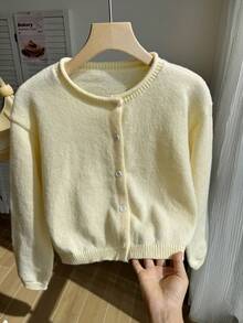 SHEIN Tween Girl Yellow Lightweight Cardigan Suitable For Pairing With Spaghetti Strap Dresses - Yellow - View 5