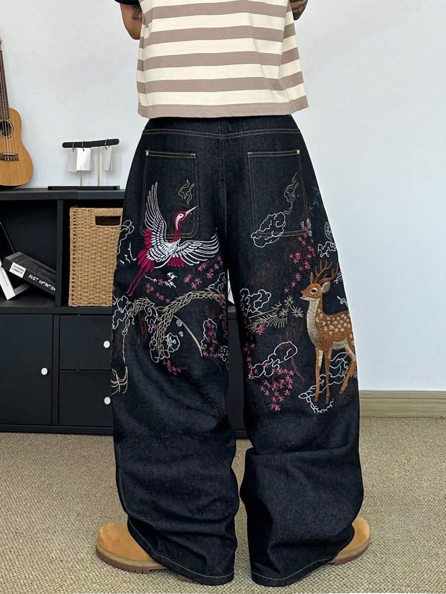STEELVANCE 男士休閒百搭日常旅行牛仔褲，附口袋與動物鳥類刺繡圖案