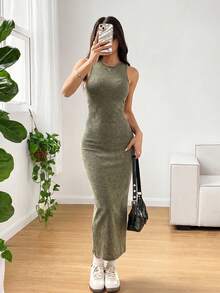 SHEIN EZwear 橄欖綠破舊雪花印花圓領無袖中長洋裝，適合日常、夜晚外出、約會之夜，夏季性感風格 - 軍綠色 - 查看 4