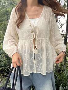 FRIFUL Women's Vacation Embroidered Tassel Front Tie Long Sleeve Fashion Blouse - Apricot - View 4