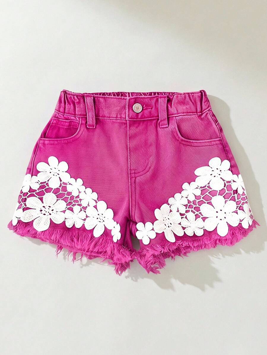 Maija Kids Maija Kids 少女藍色牛仔短褲,蕾絲花朵飾邊,春夏季休閒度假鄉村波希米亞風,海灘、西部街頭穿搭,春假、少女電音節牛仔短褲 - 粉色 - 查看 1