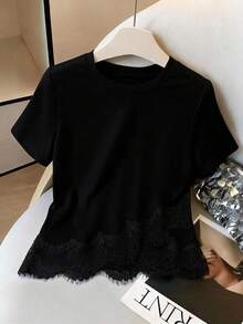 EMERY ROSE Women's Round Neck Short Sleeve Lace Patchwork T-Shirt Brunch Formal Black Summer Casual Decent - White - View 1