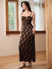 Revavyn European And American Style Sexy Lace Elegant French Vintage Fashion Casual Jacquard Strap Long Dress Night Brown Floral Summer Party Dinner - Black - View 5