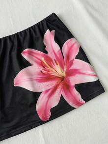SHEIN Tween女孩白色花卉印花休閒裙，附內建內搭褲 - 黑色 - 查看 4