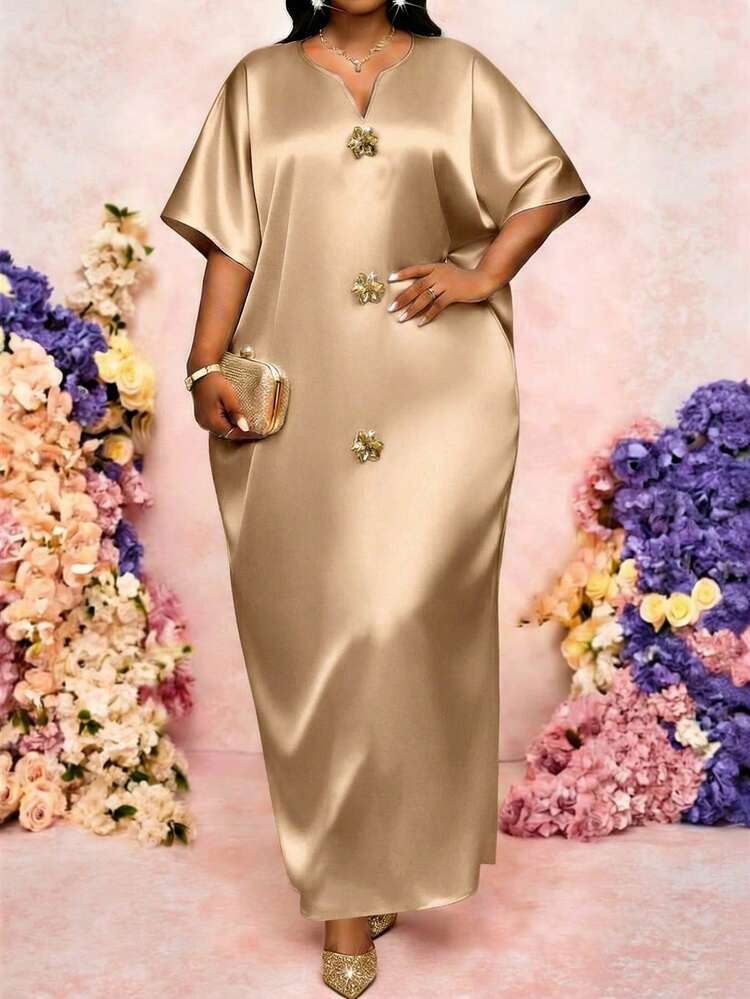 SHEIN Lady Plus Size Women Metal 3D Floral Decor Batwing Sleeve Elegant Dress Zip Abaya - Champagne - View 6
