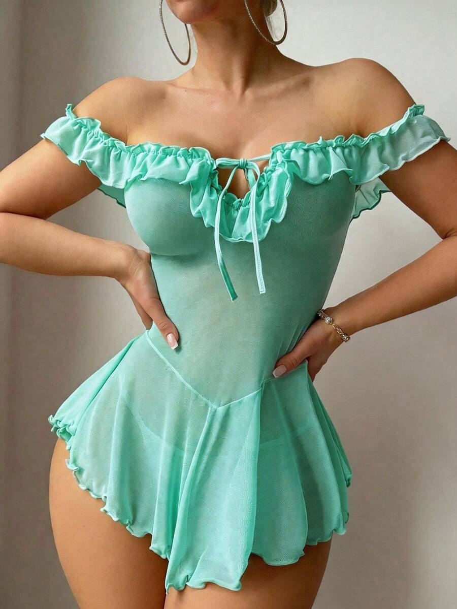 SHEIN Sexy Mesh Off Shoulder Ruffle Deep V Neck Tie-Up Dress 2-Piece Set - Green - View 1