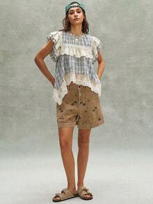 Bohemela Blusa holgada de mujer con contraste de encaje y estampado de cuadros en tejido informal - Azul y blanco - Ver 8