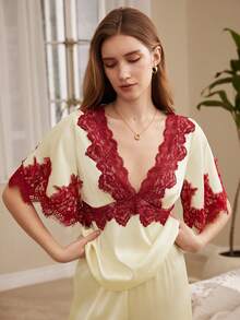 Moireta Women's Mature Elegant Bedroom Glossy Satin Patchwork Contrast Color Eyelash Lace Mid-Sleeve V-Neck Long Pants Pajama Set - Champagne - View 4
