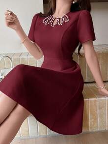Feyla Chic Maroon A-Line Cocktail Dress For Women Featuring Intricate Pearl Neck Detailing And Flattering Short Sleeves - Burgundy - View 4