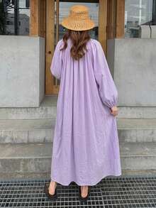 DAZY Loose Long Sleeve Long Solid Color Dress Summer Outfit Women's Nightgown Pajamas - Lilac Purple - View 2