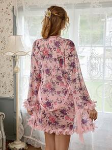 CottageSlumber 3pcs/Set Women's Pink Floral Digital Print Mesh Nightgown Set, Sexy Lace Boning Waist Adjustable Spaghetti Strap Camisole + High Waist Shorts With Ruffle Trim - Multicolor - View 2