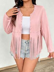 Ceyna Plus Size Front Bubble Bead Jacket Long Sleeve Hem Fringe Fall - Pink - View 4