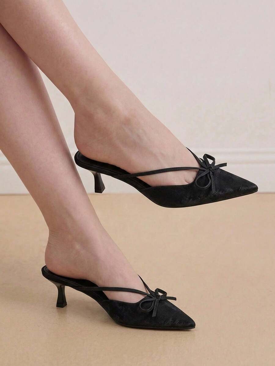 Eladyva European & American Style Mules Shoes For Women, Bow Decor Closed Toe Stilettos Sandals, Pointed Toe Slip On Pumps Valentines - Black - View 1